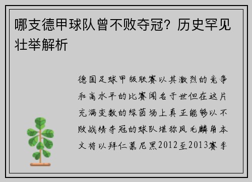 哪支德甲球队曾不败夺冠？历史罕见壮举解析