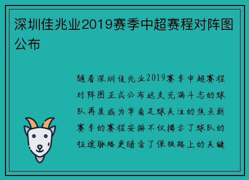 深圳佳兆业2019赛季中超赛程对阵图公布