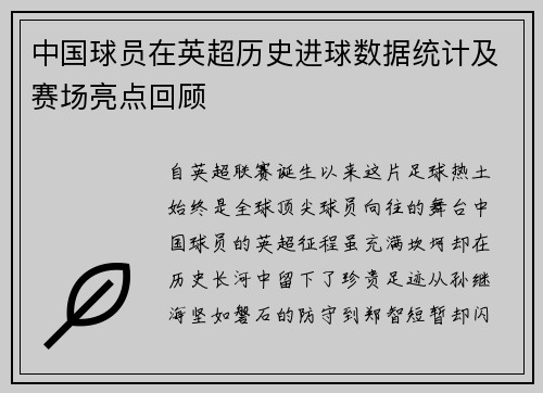 中国球员在英超历史进球数据统计及赛场亮点回顾