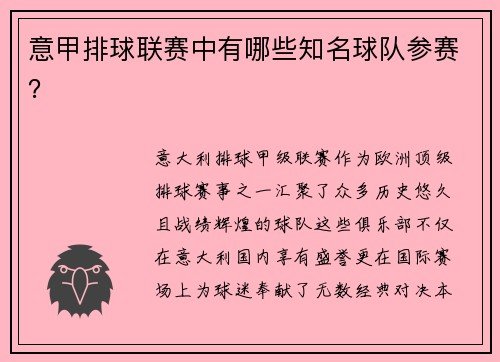 意甲排球联赛中有哪些知名球队参赛？